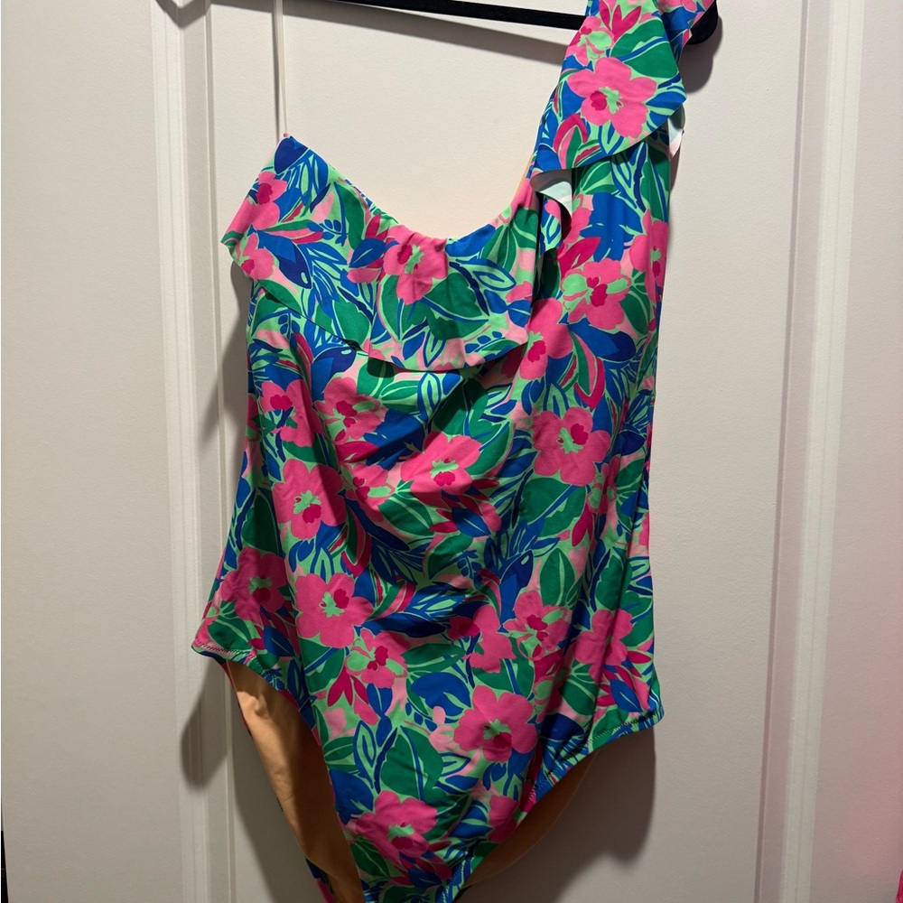 Floral One-Shoulder Swimsuit - Pink & Green